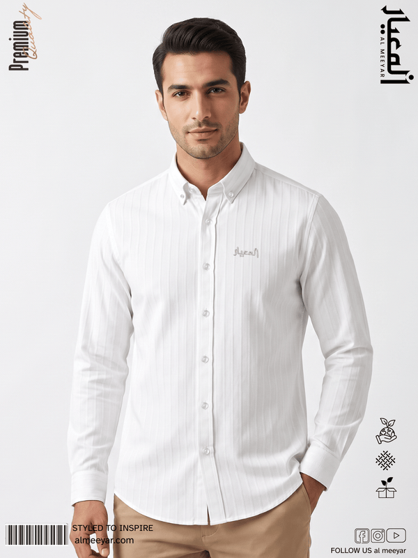 AL MEEYAR men’s white textured long-sleeve formal shirt with button-down collar and embroidered chest logo