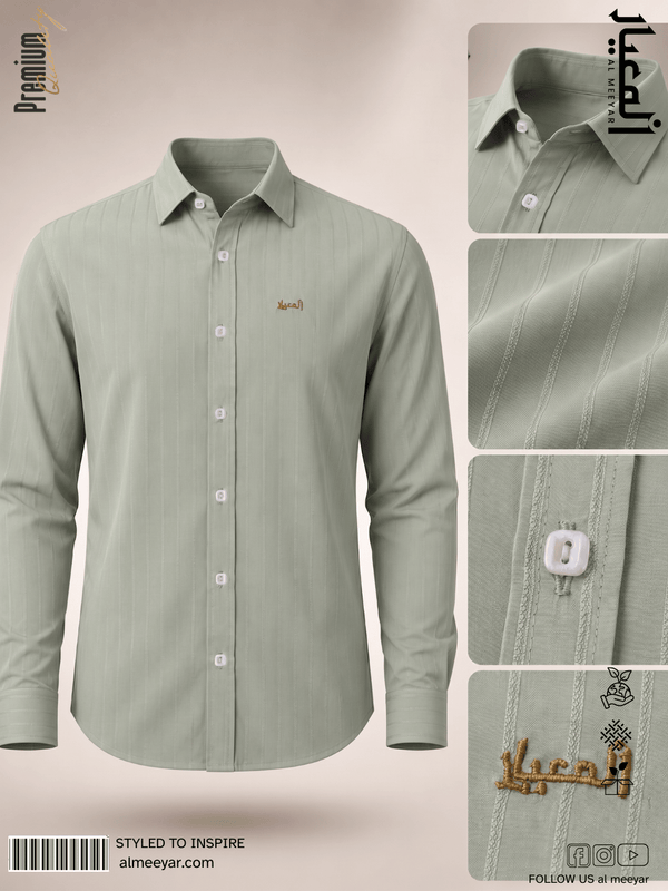 AL MEEYAR men’s sage green textured long-sleeve formal shirt with point collar and embroidered chest logo