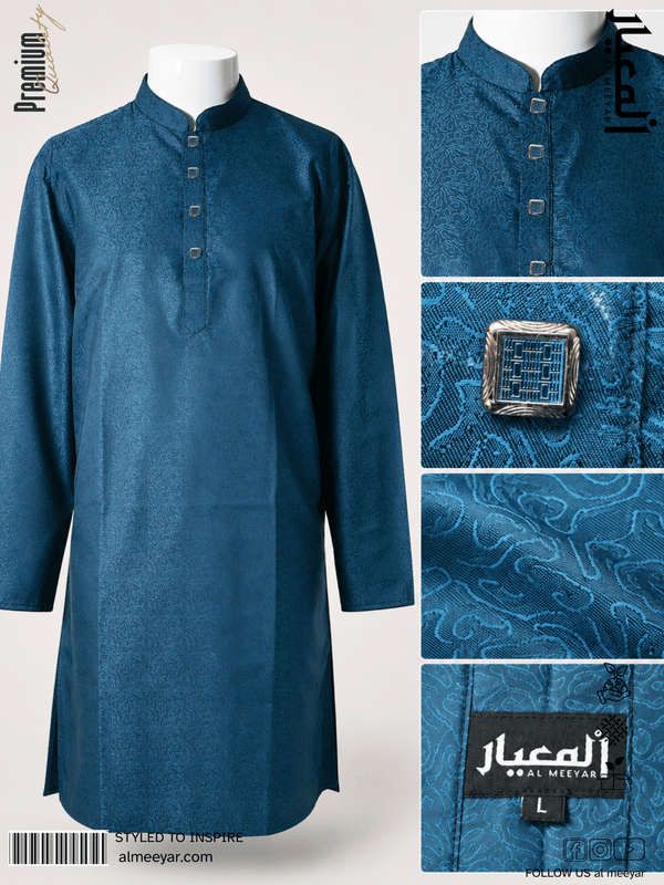 AL MEEYAR Premium Teal Blue Textured Panjabi for Men – Square Button Traditional Kurta