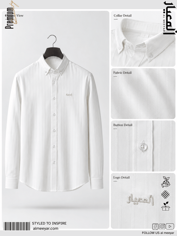 AL MEEYAR men’s white textured long-sleeve formal shirt with button-down collar and embroidered chest logo