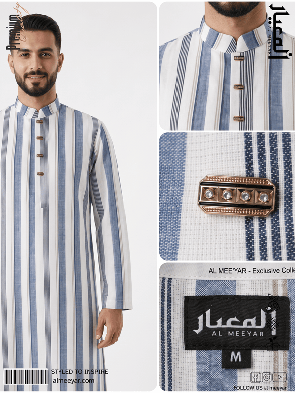 AL MEEYAR Premium White & Blue Striped Panjabi for Men – Metal Button Traditional Kurta