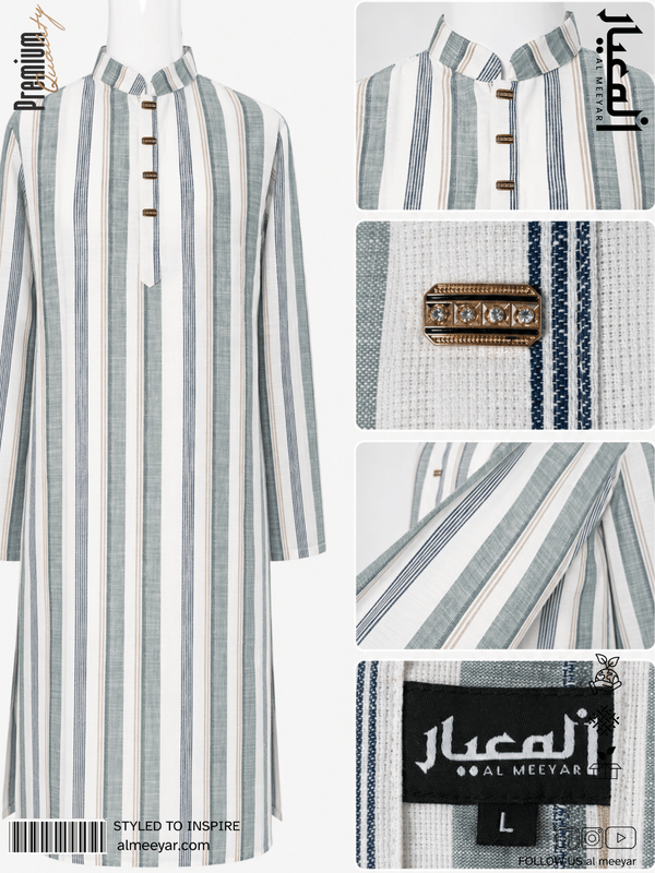 AL MEEYAR Premium Off-White & Grey Striped Panjabi for Men – Metal Button Kurta