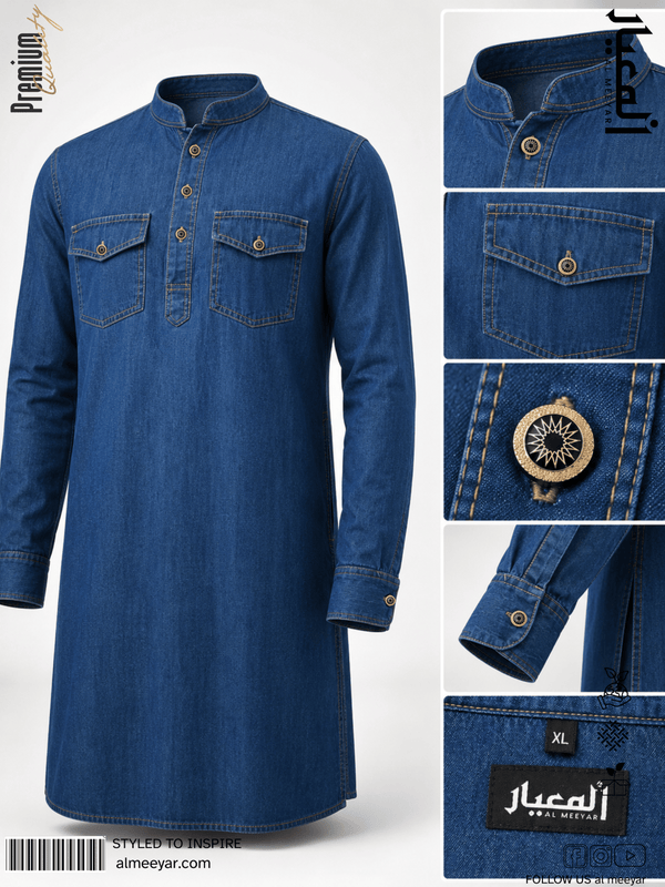 AL MEEYAR Premium Blue Denim Panjabi for Men – Double Pocket Traditional Kurta