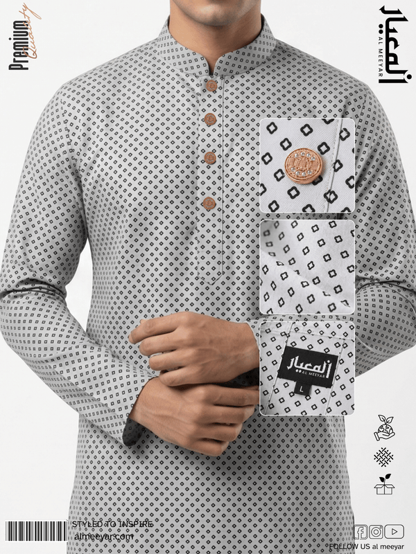 AL MEEYAR Premium Light Grey Geometric Print Panjabi for Men – Antique Gold Button Kurta