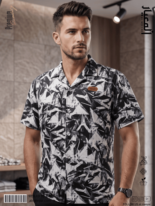 AL MEEYAR men’s black and white abstract-print short-sleeve Cuban collar shirt