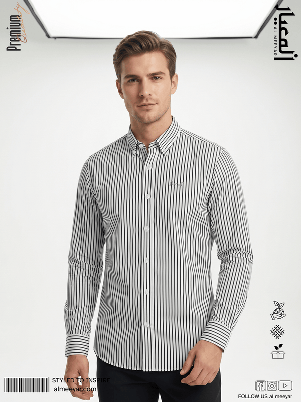 AL MEEYAR men’s black and white vertical striped long-sleeve formal shirt with button-down collar