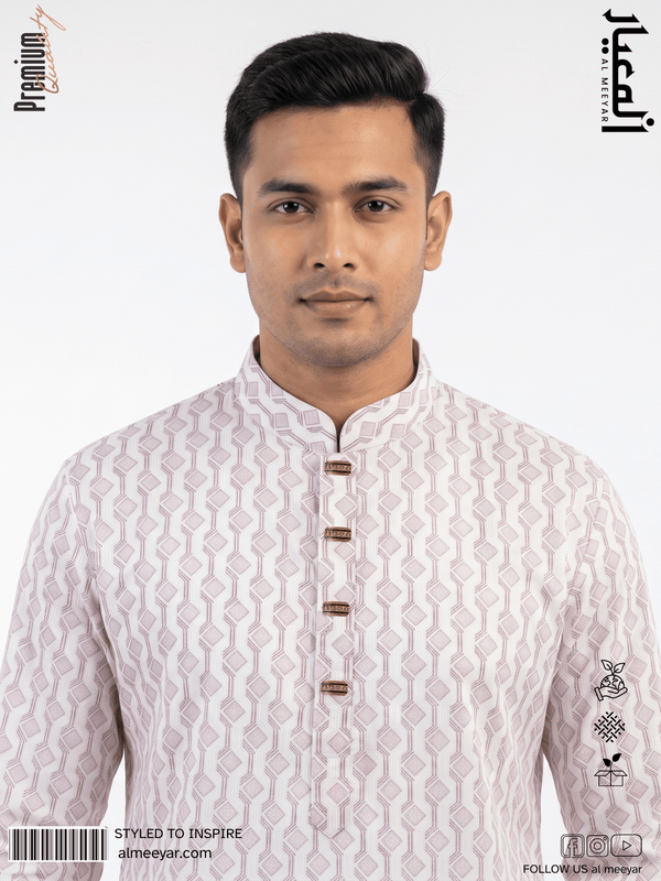 AL MEEYAR premium white and mauve geometric print Panjabi for men with band collar and decorative gold-tone buttons