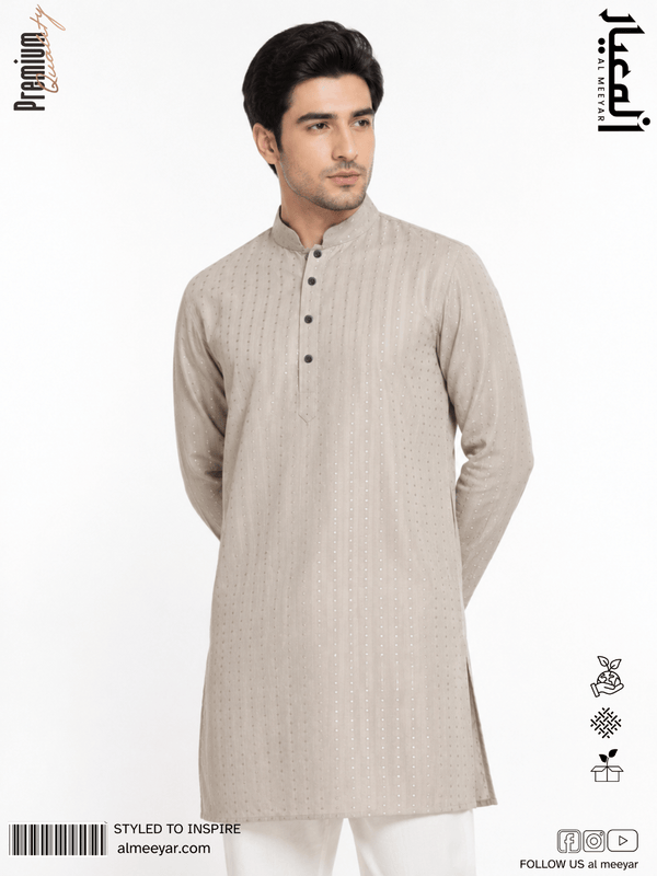 AL MEEYAR premium textured beige Panjabi for men with band collar and full sleeves