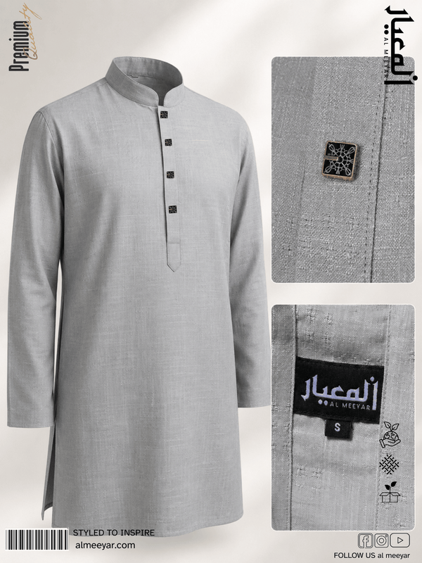 AL MEEYAR men’s light-grey textured long-sleeve Panjabi with mandarin collar and decorative square buttons