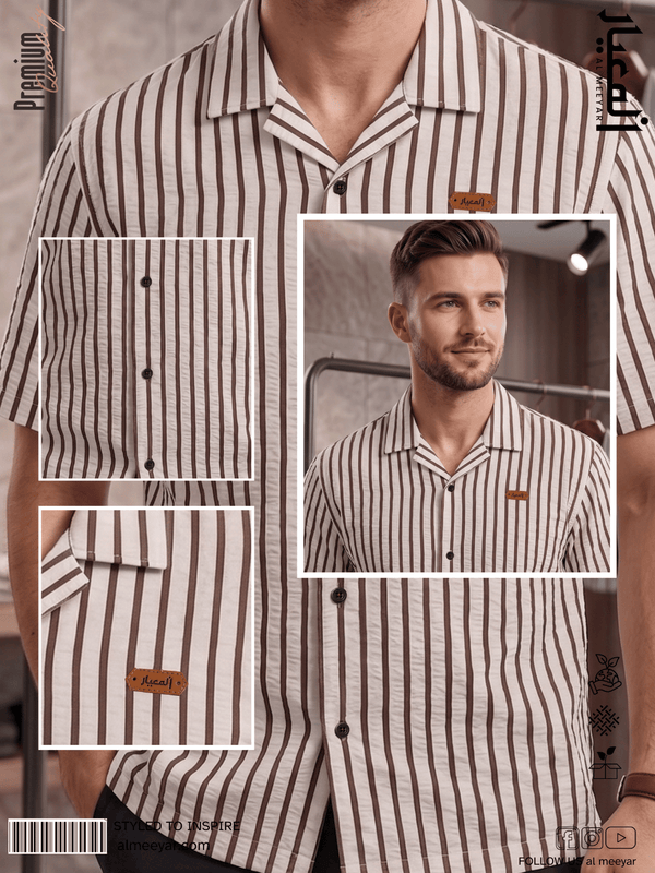 A man wearing a short-sleeve button-up shirt with vertical brown stripes on a cream background, shown in a composite promotional layout with close-up detail panels of the fabric and collar.