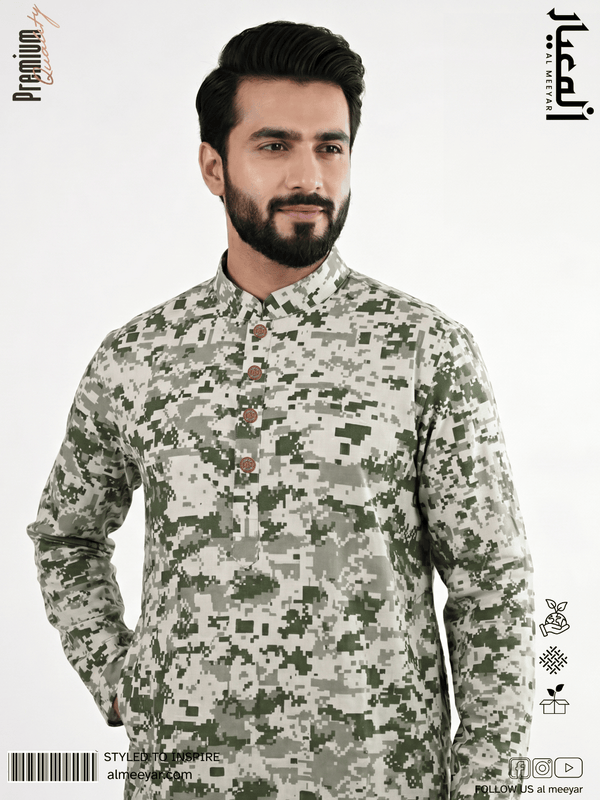 AL MEEYAR olive green digital camouflage print Panjabi for men with band collar and antique gold-tone buttons
