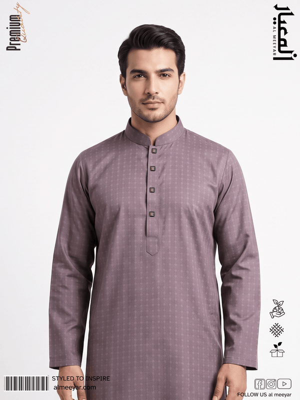 AL MEEYAR men’s dusty-plum textured long-sleeve Panjabi with mandarin collar and decorative square buttons