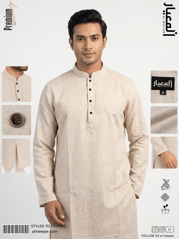 Man wearing a beige kurta with brand logos and product details on a white background