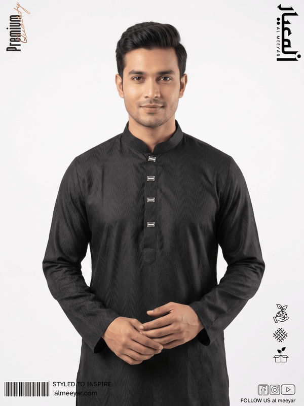 AL MEEYAR men’s black textured long-sleeve Panjabi with mandarin collar and silver-tone decorative buttons