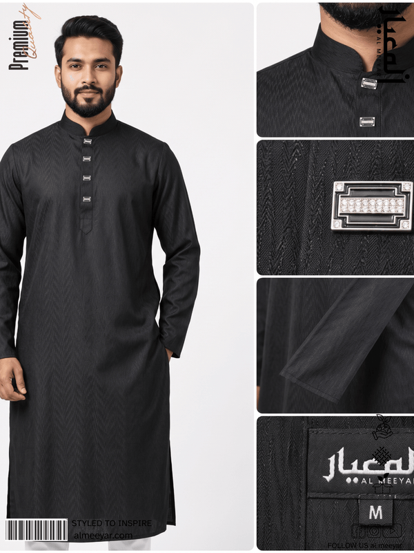 Black traditional outfit with close-up details on a white background