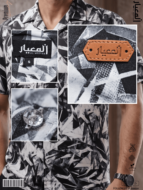 AL MEEYAR men’s black and white abstract-print short-sleeve Cuban collar shirt