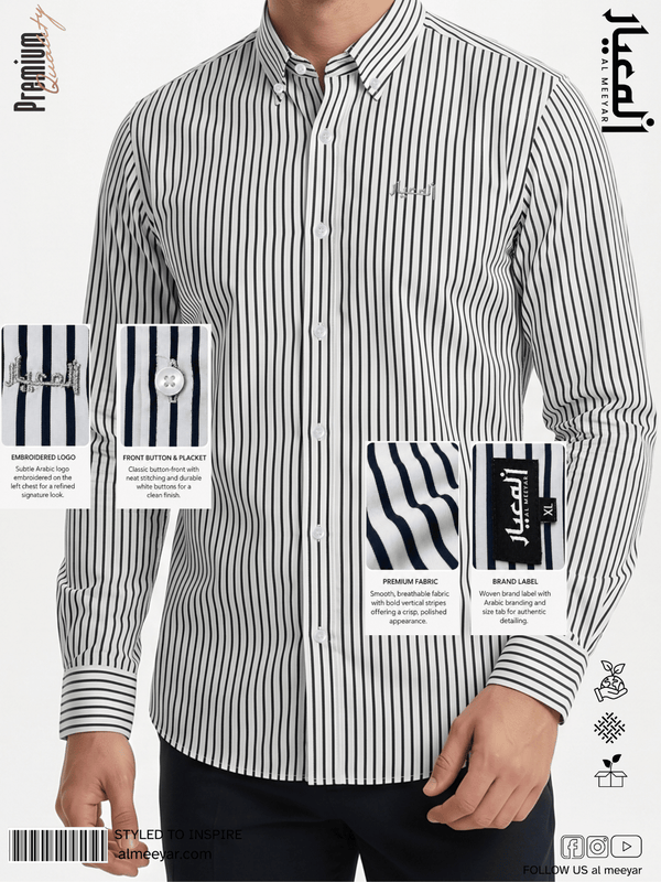 AL MEEYAR men’s black and white vertical striped long-sleeve formal shirt with button-down collar