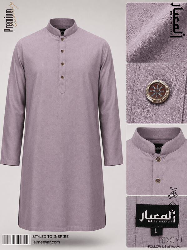 Purple kurta with button details on a light gray background, featuring brand logos and text.