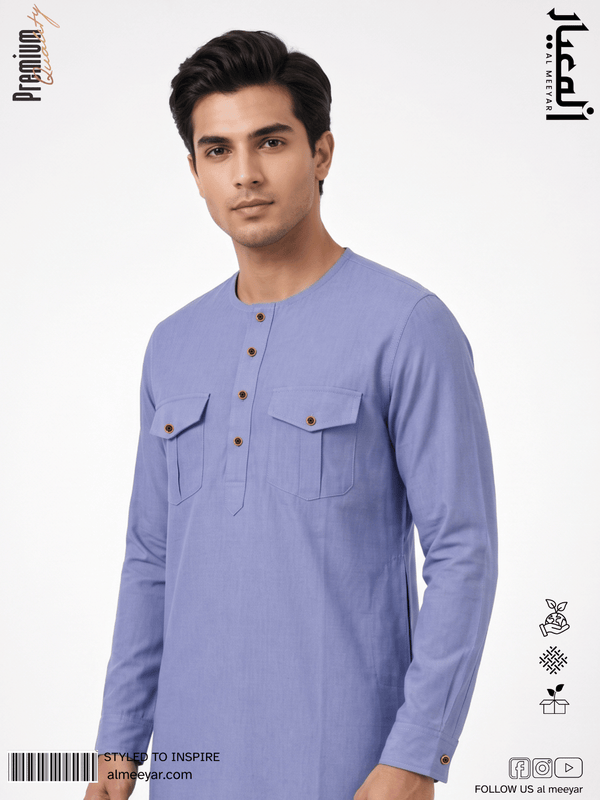 AL MEEYAR men’s periwinkle-blue Oxford Panjabi with dual flap chest pockets and decorative buttons