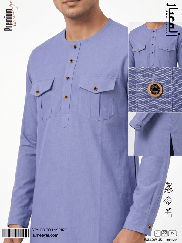 Blue long-sleeve shirt with button details on a white background