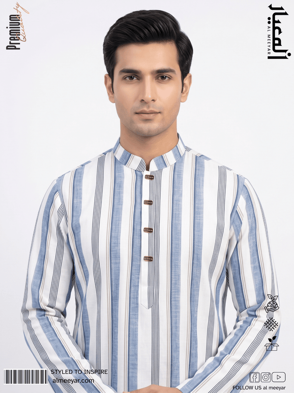 AL MEEYAR premium white and blue vertical striped Panjabi for men with band collar and decorative metal buttons