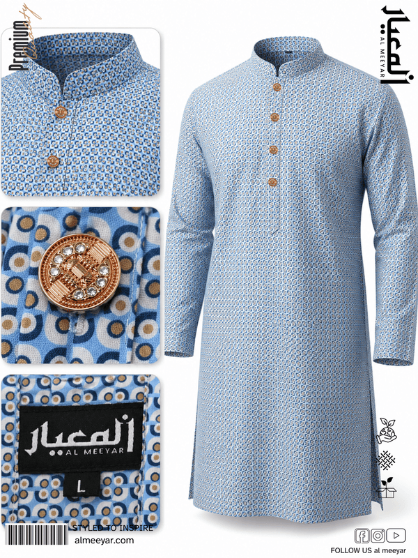 Blue patterned kurta with decorative buttons and packaging on a white background