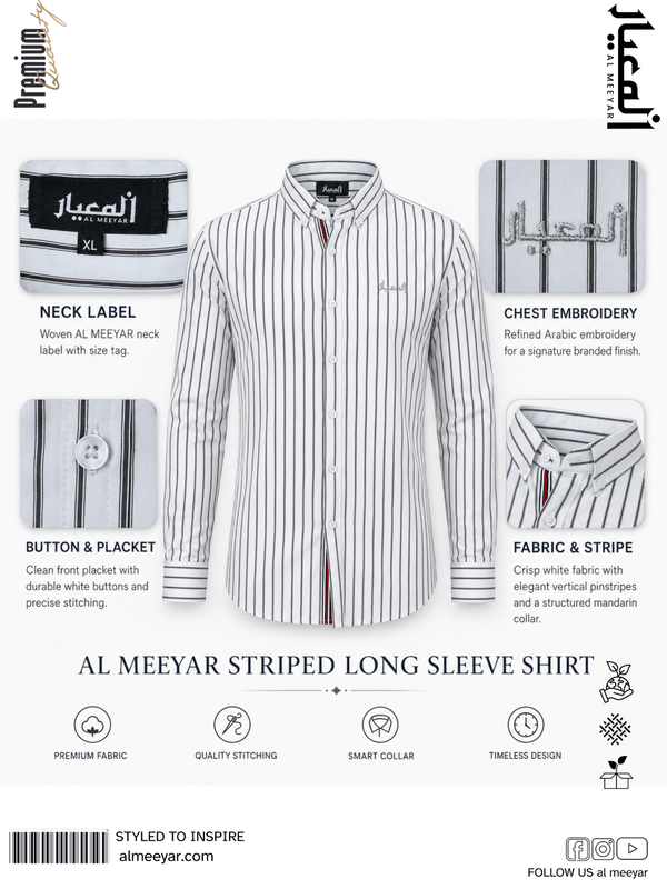 AL MEEYAR men’s white and black pinstripe long-sleeve formal shirt with embroidered chest logo
