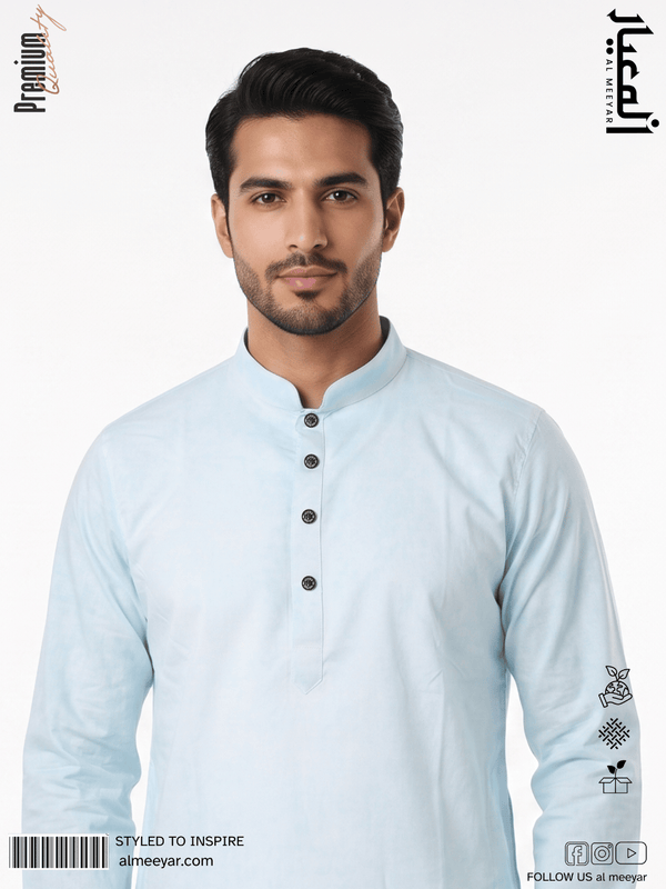 AL MEEYAR men’s sky-blue textured long-sleeve Panjabi with mandarin collar and decorative round buttons