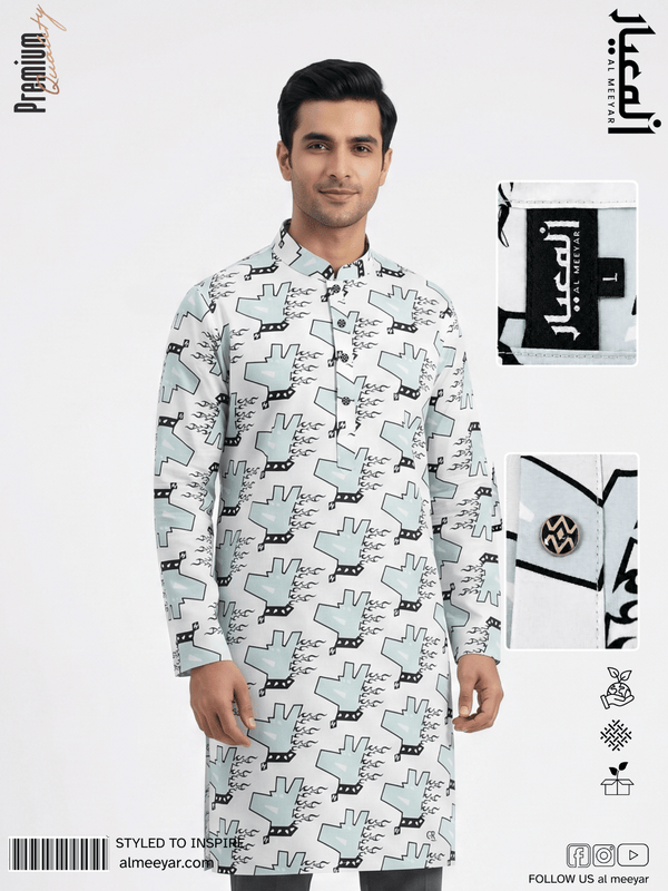 Man wearing a patterned shirt with brand logos on a white background