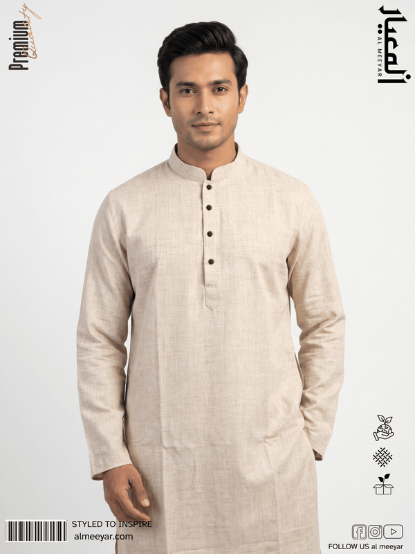 AL MEEYAR men’s beige textured long-sleeve Panjabi with mandarin collar and decorative dark buttons