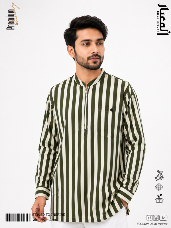 Al Meeyar label on men’s olive green striped Katoya