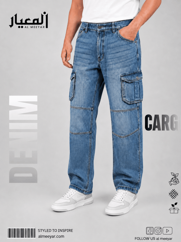 Al Meeyar Men’s Blue Denim Cargo Pants – Relaxed Fit Multi-Pocket Jeans