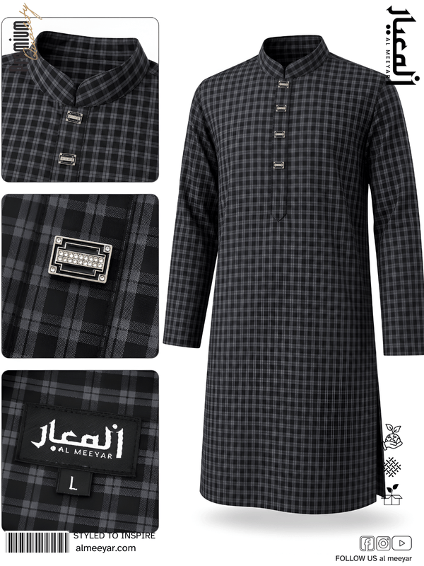 AL MEEYAR Premium Black Checkered Panjabi for Men – Metal Button Traditional Kurta