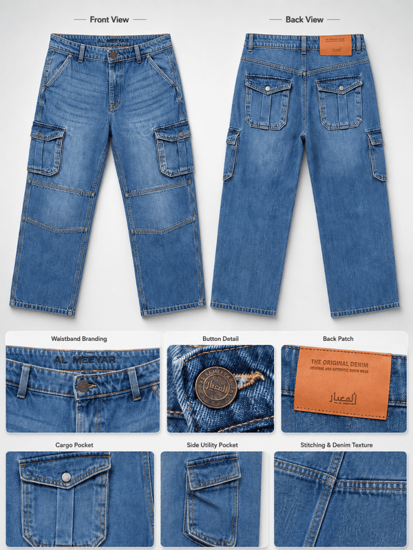 Al Meeyar Men’s Blue Denim Cargo Pants – Relaxed Fit Multi-Pocket Jeans