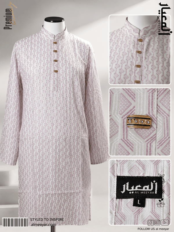 AL MEEYAR Premium White & Mauve Geometric Print Panjabi for Men – Decorative Button Kurta