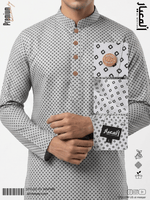 AL MEEYAR Premium Light Grey Geometric Print Panjabi for Men – Antique Gold Button Kurta