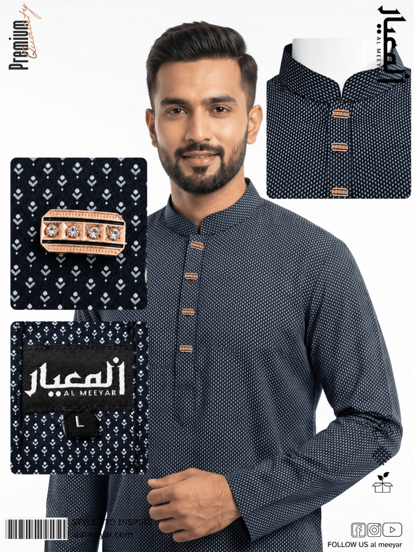 AL MEEYAR Premium Navy Blue Micro Print Panjabi for Men – Rose Gold Button Kurta
