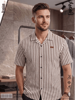 AL MEEYAR men’s beige and brown vertical-striped short-sleeve Cuban collar shirt with branded chest patch