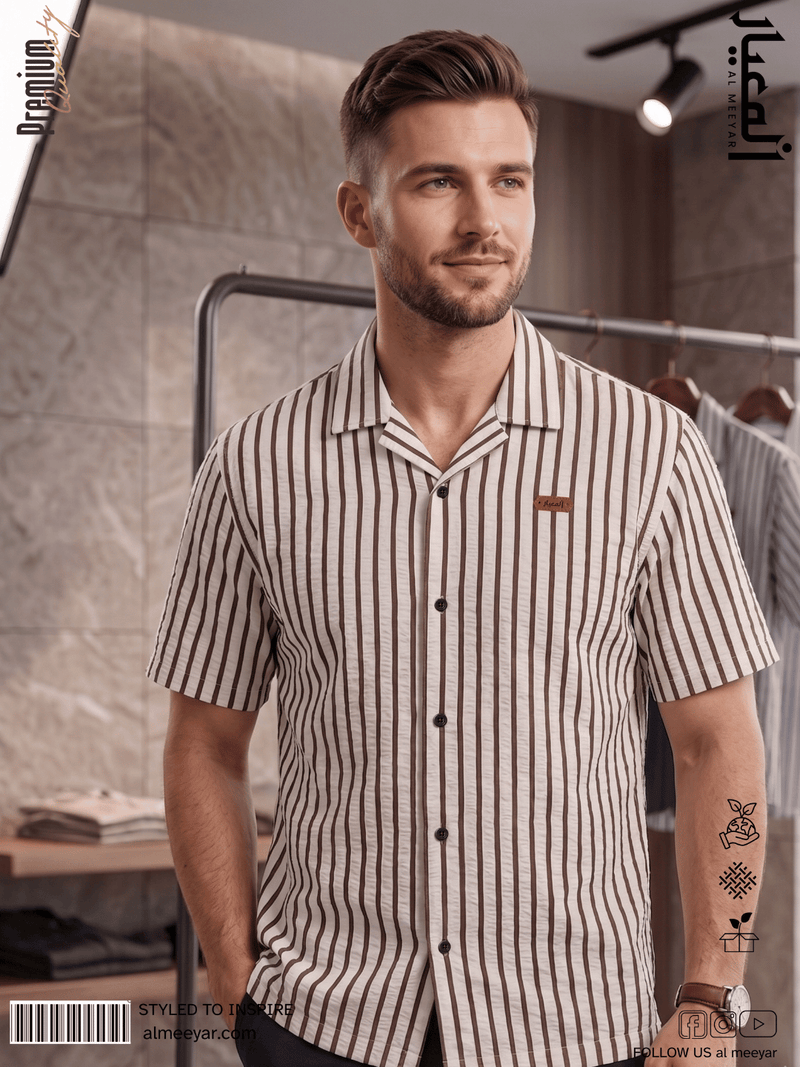 AL MEEYAR men’s beige and brown vertical-striped short-sleeve Cuban collar shirt with branded chest patch