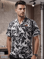 AL MEEYAR men’s black and white abstract-print short-sleeve Cuban collar shirt