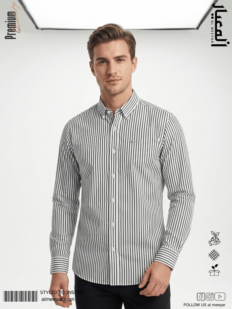 AL MEEYAR men’s black and white vertical striped long-sleeve formal shirt with button-down collar