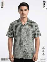 AL MEEYAR men’s olive-green and white geometric-print short-sleeve Cuban collar shirt