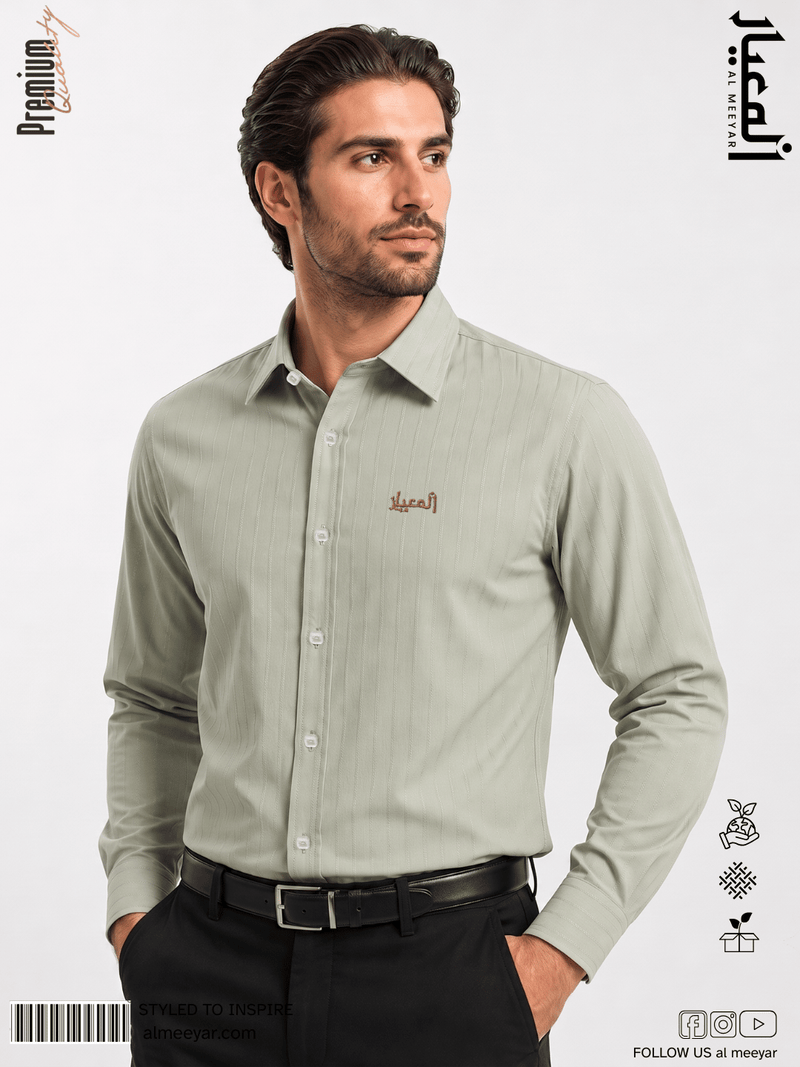 AL MEEYAR men’s sage green textured long-sleeve formal shirt with point collar and embroidered chest logo