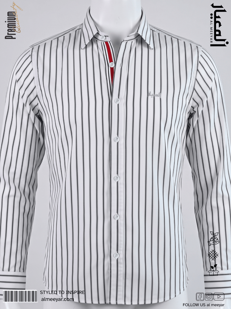 AL MEEYAR men’s white and black pinstripe long-sleeve formal shirt with embroidered chest logo