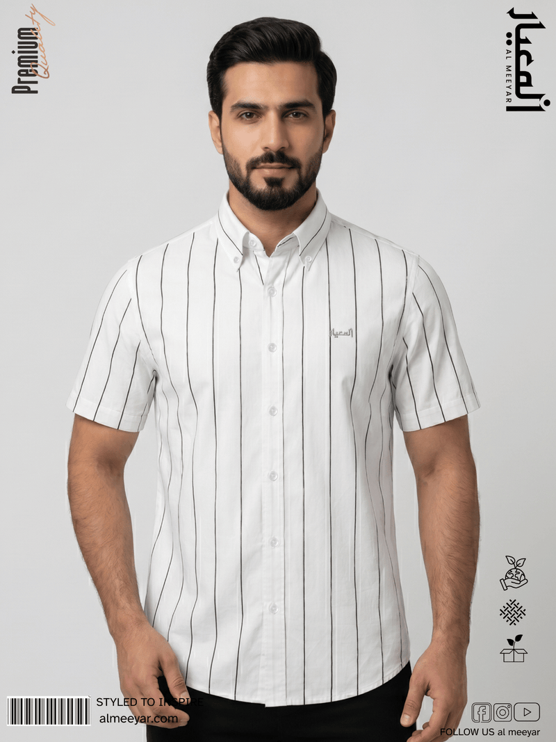 AL MEEYAR men’s white and black pinstripe short-sleeve formal shirt with button-down collar and embroidered logo