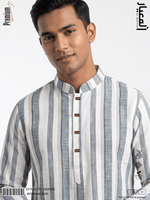 AL MEEYAR off-white and grey vertical striped Panjabi for men with band collar and decorative metal buttons