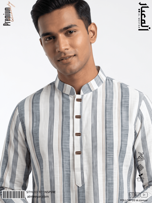 AL MEEYAR off-white and grey vertical striped Panjabi for men with band collar and decorative metal buttons