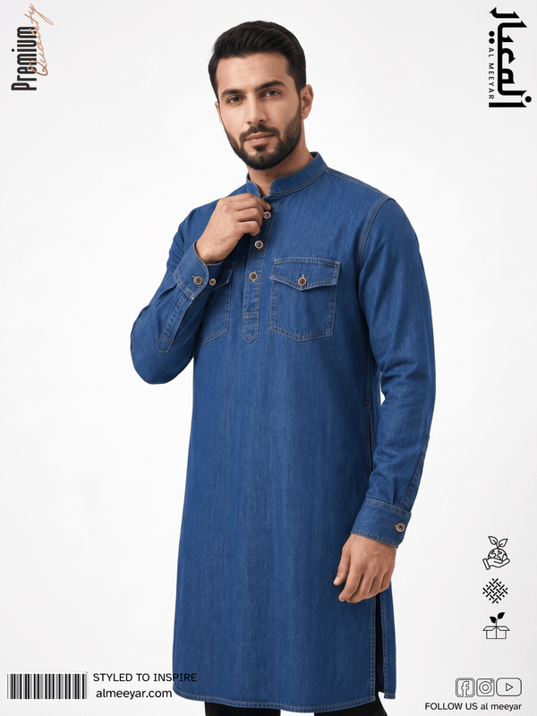 AL MEEYAR premium blue denim Panjabi for men with double flap chest pockets, band collar and antique gold-tone buttons