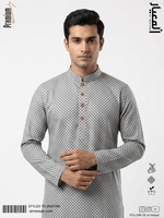 AL MEEYAR premium light grey geometric print Panjabi for men with band collar and antique gold-tone buttons