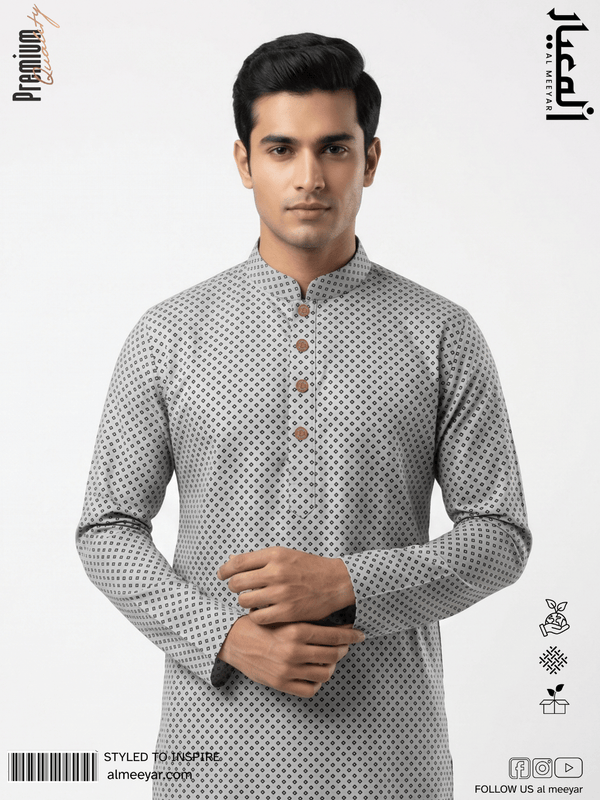 AL MEEYAR premium light grey geometric print Panjabi for men with band collar and antique gold-tone buttons